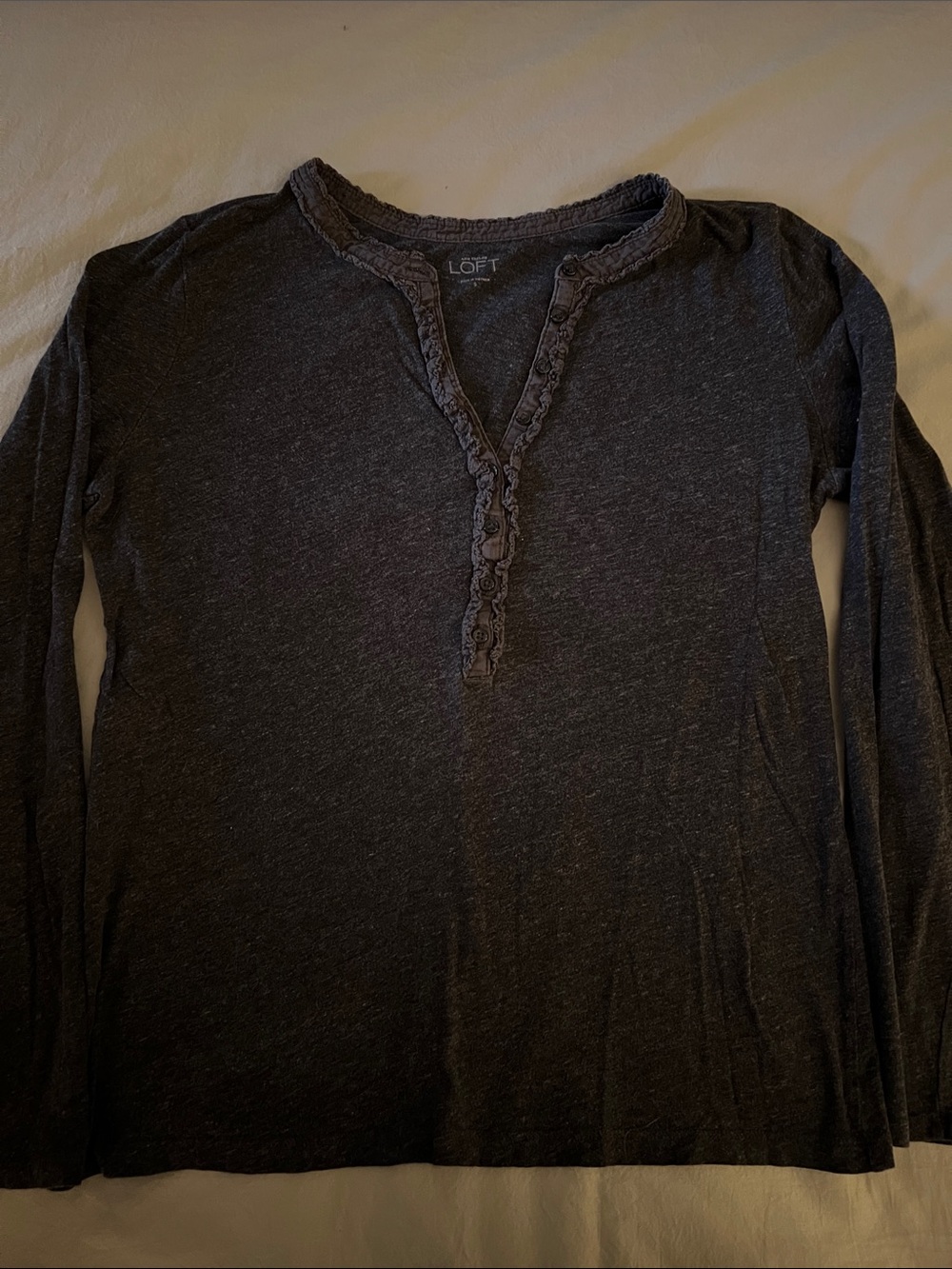 LOFT Charcoal Ruffle-Trim Henley Long Sleeve Top
